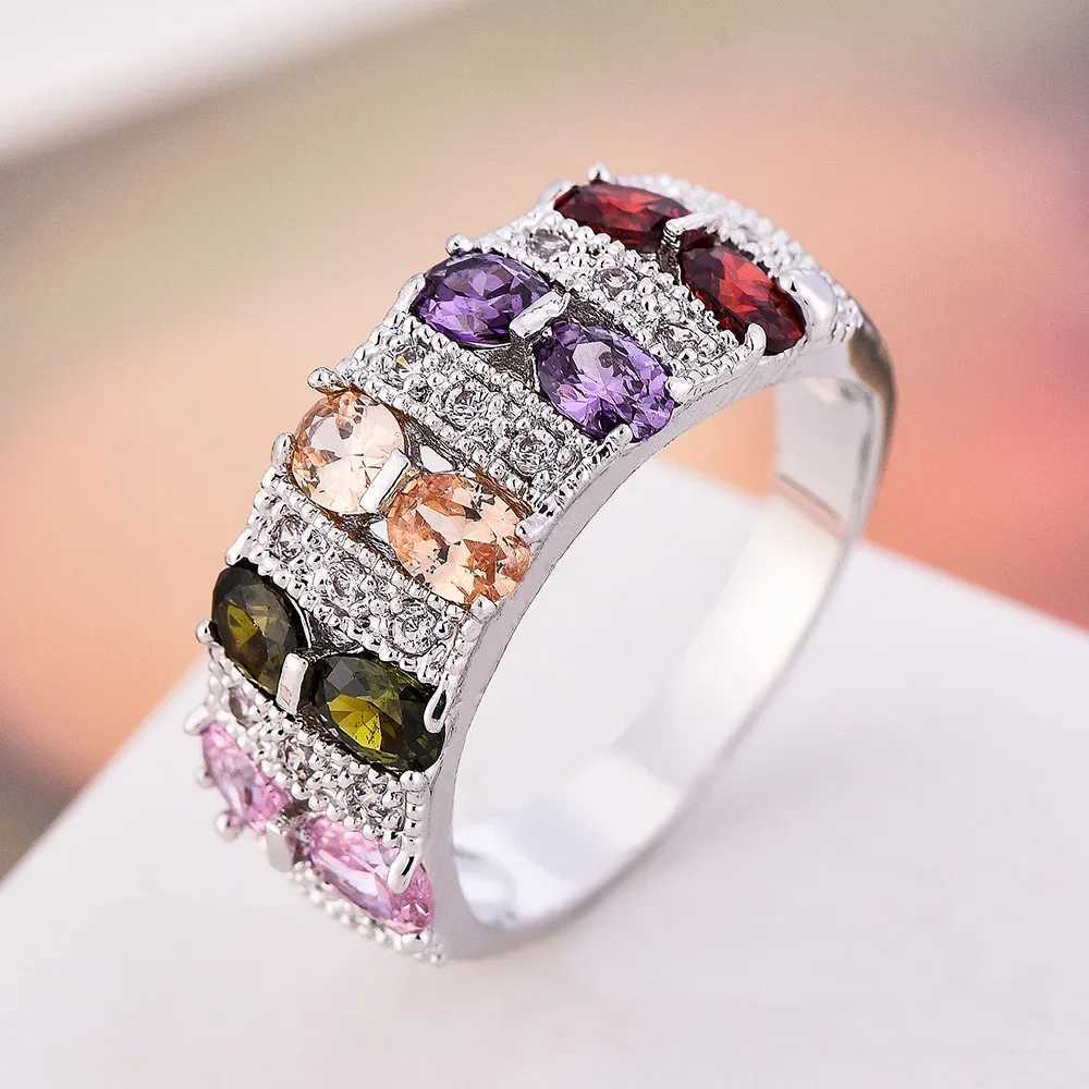 Bohemian Female Rainbow 925 Sterling Silver Filled Promise Engagement Rings for Women Colorful CZ Crystal Wedding JewelryXJ250514