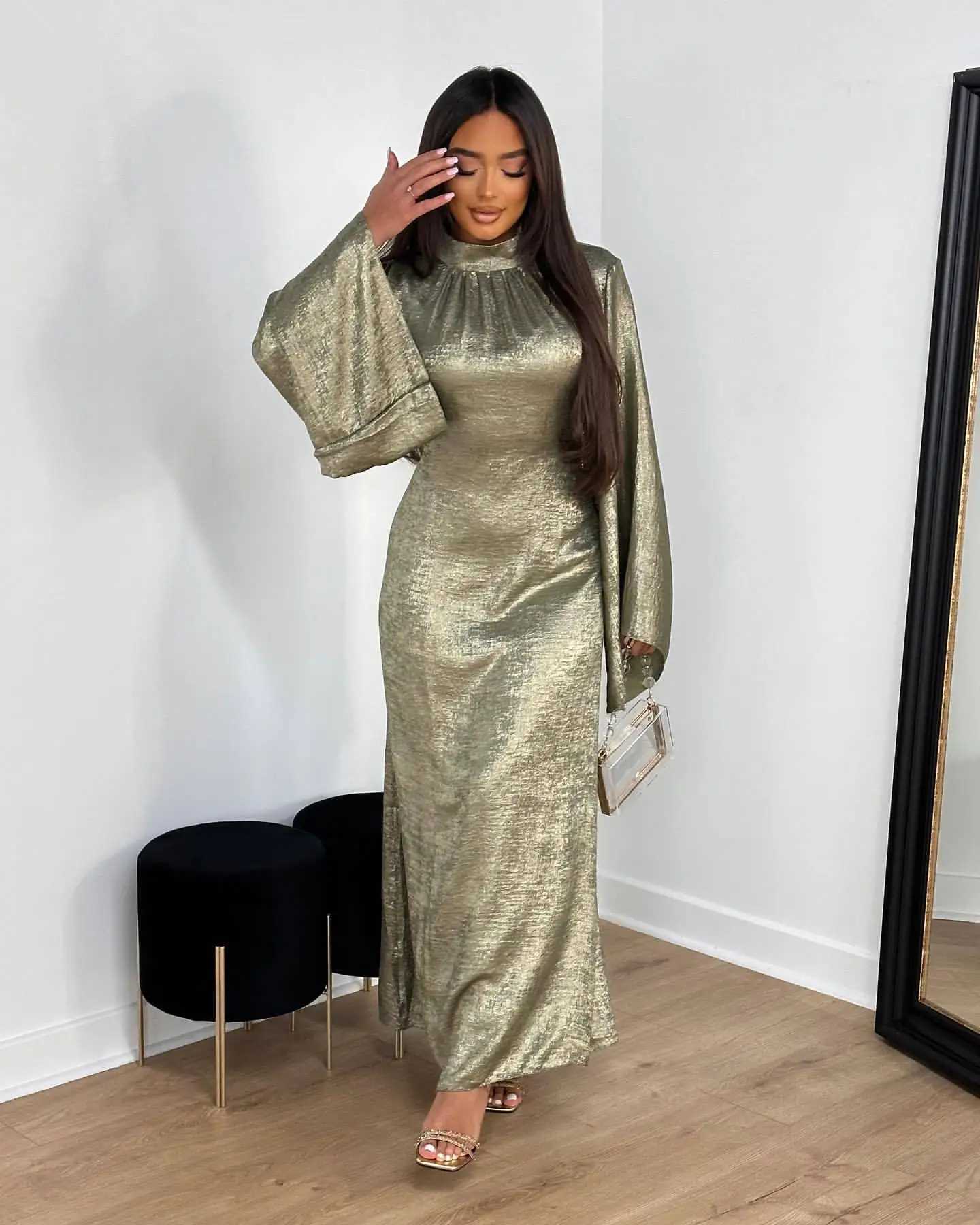 New Modest Muslim Loose Slve Belted Dress Robes Corban Eid Al Adha Shiny Party Evening Dresses Moroccan Turkey Dubai Vestidos X2505141