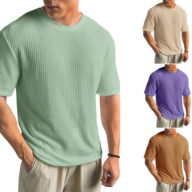 Solid Color Waffle T-shirts for Men Casual Quality Short-sleeved Mens Tees Summer Fashion er Tops Male 250513