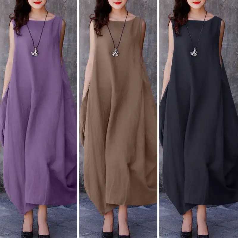 Fashion Solid Color Sleeveless Long Dresses Women Spring Summer New Simple Style Pocket Loose Big Hem Dress Lady Trendy DressesXJ250514