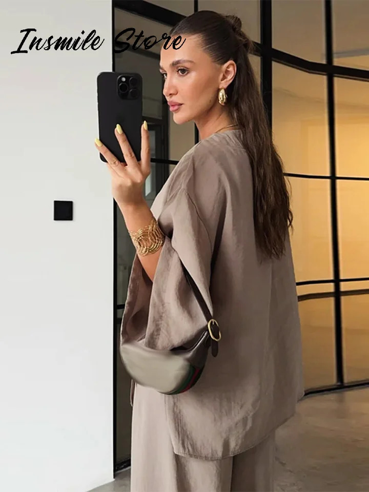 Casual Solid Women Pants Suits V-neck Single Buttons Loose Top Wide Leg Trousers 2025 Spring Summer Fashion Female Sets 250513