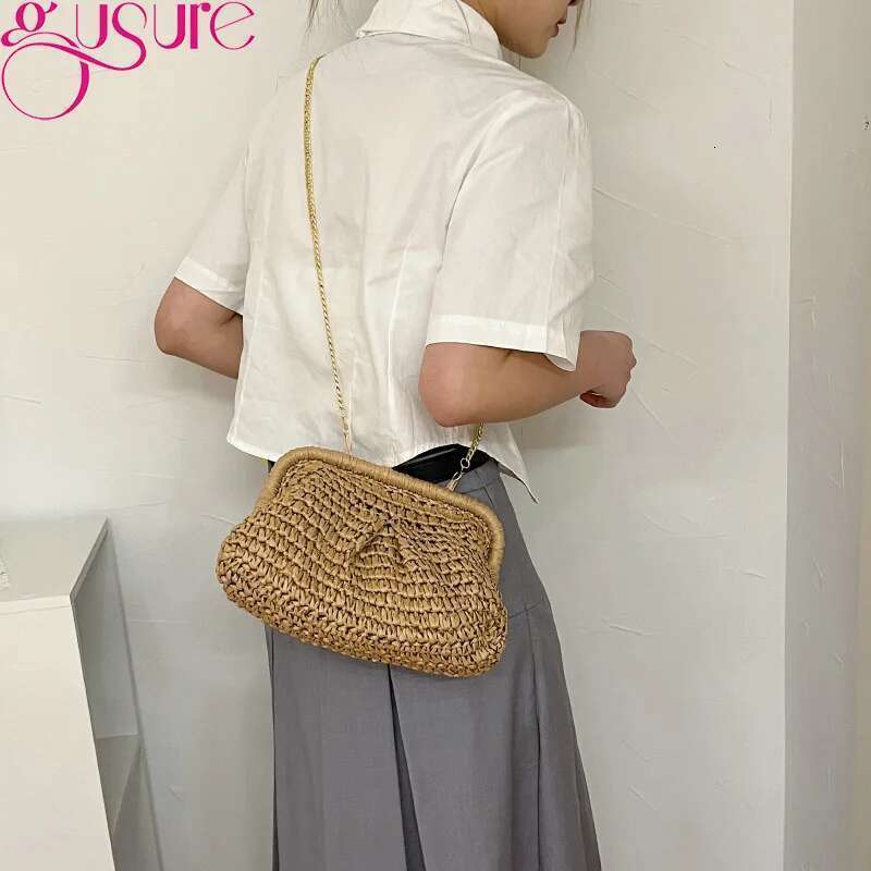 Gusure Summer Designer Shoulder Straw Weaving Clutch Purse Women Dumpling Crossbody Beach Bag Fashon Cloud Pouch