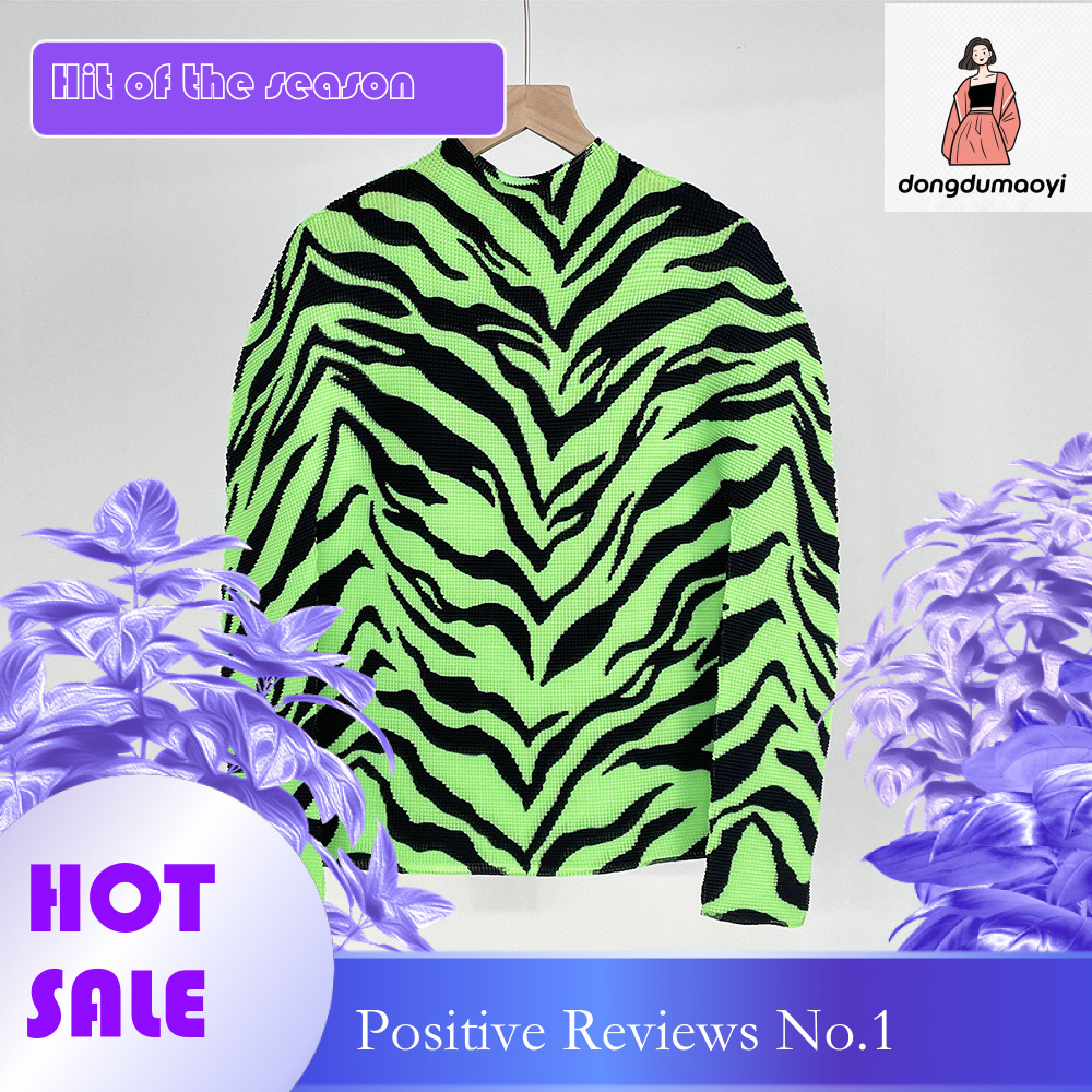 dongdumaoyi Miyake style semi high neck base shirt for women 2024 spring new T-shirt slim fit with fashionable pleated zebra print top