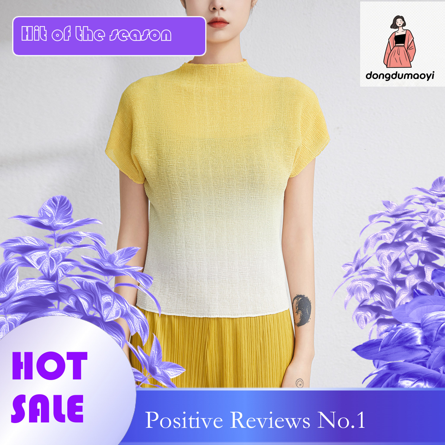 dongdumaoyi Large size loose chiffon top for women 2024 summer three house style pleated gradient color semi high neck short sleeved T-shirt