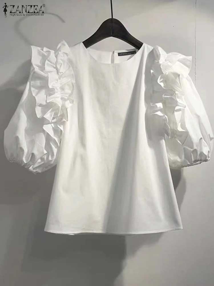 ZANZEA Women Summer Chic Blouse Korean Fashion Puff Short Sleeve Tops Vintage Ruffle Patchwork Tunic Casual Round Neck Loose Top 250514
