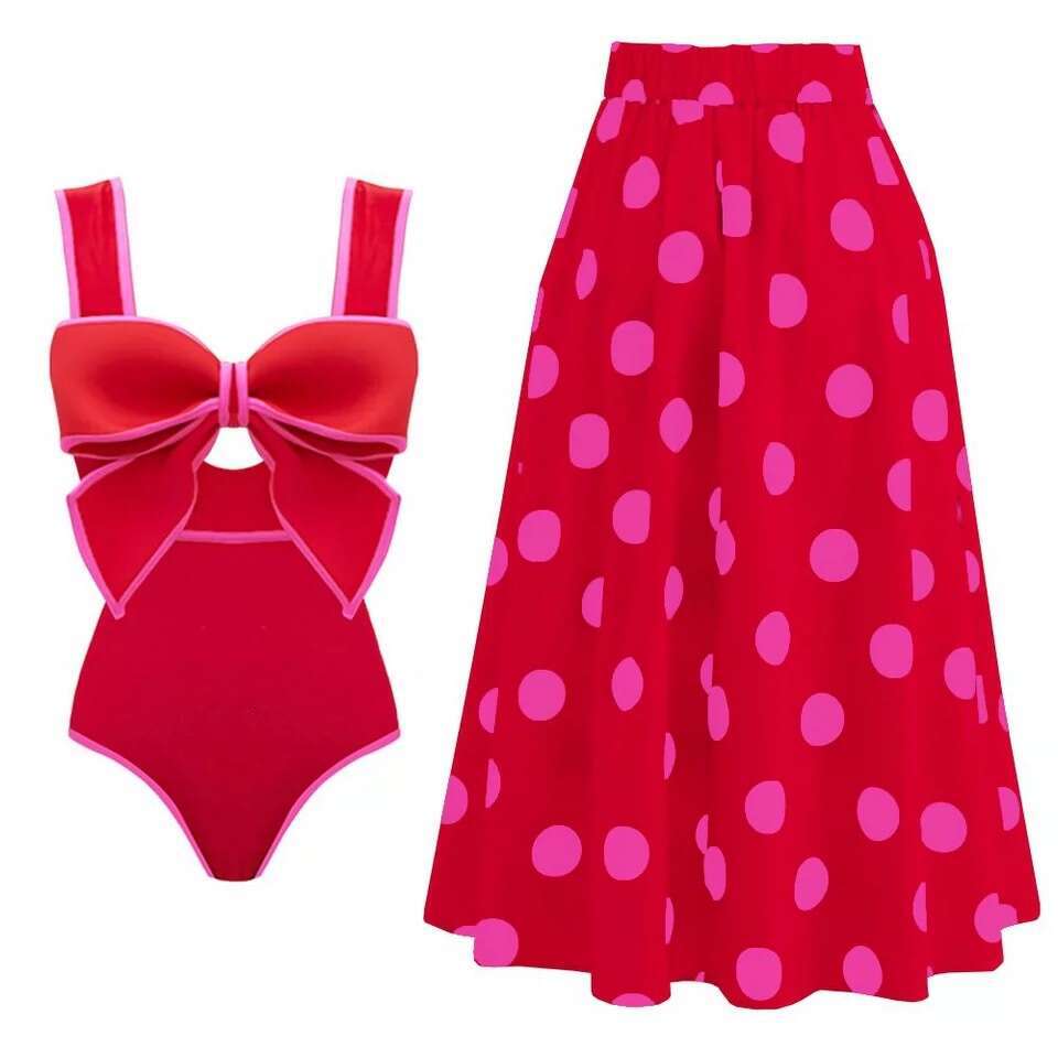 Hot selling retro conservative small fragrance Ins European American solid color bow one-piece swimsuit 2025 new style chic and elegant clothing