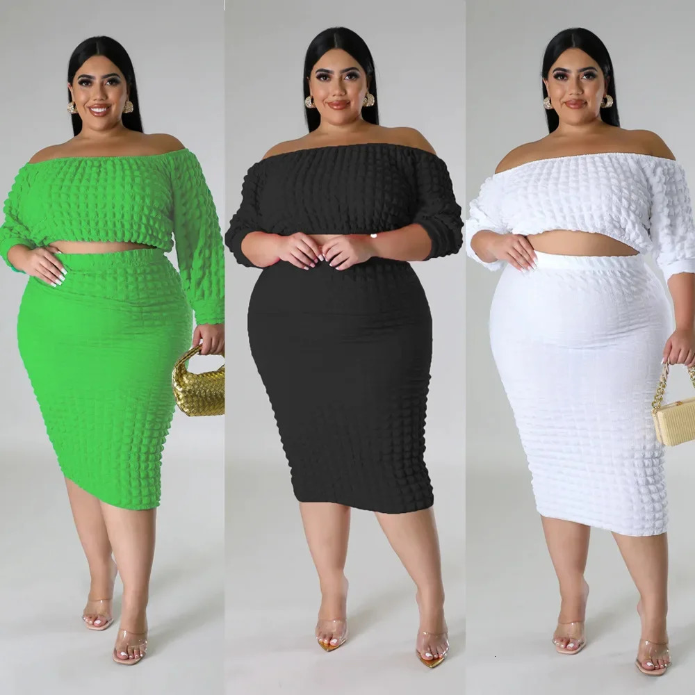 Plus Size 2023 European Womens Cross border Autumn Collection Solid Color Bubble 2piece Set 250506