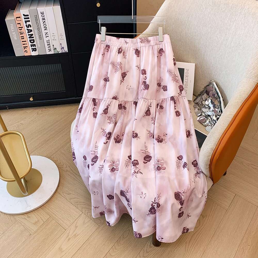 Plus-size Women's Fall/Winter Casual Commuter Loose Comfortable Skirt Pink chiffon print A-line elastic waist lined long skirt