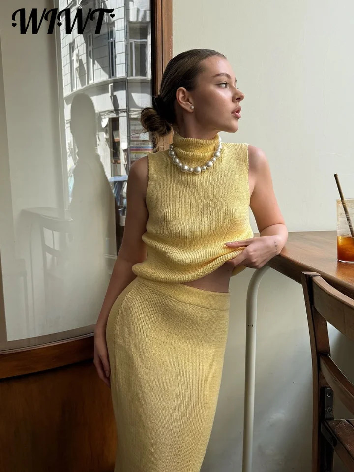 Slim Knit Turtleneck Vest Skirts Set Women Green Sleeveless Sweater Waistcoat High Waist Skirt Autumn Ladies Elegant Outfit 250513