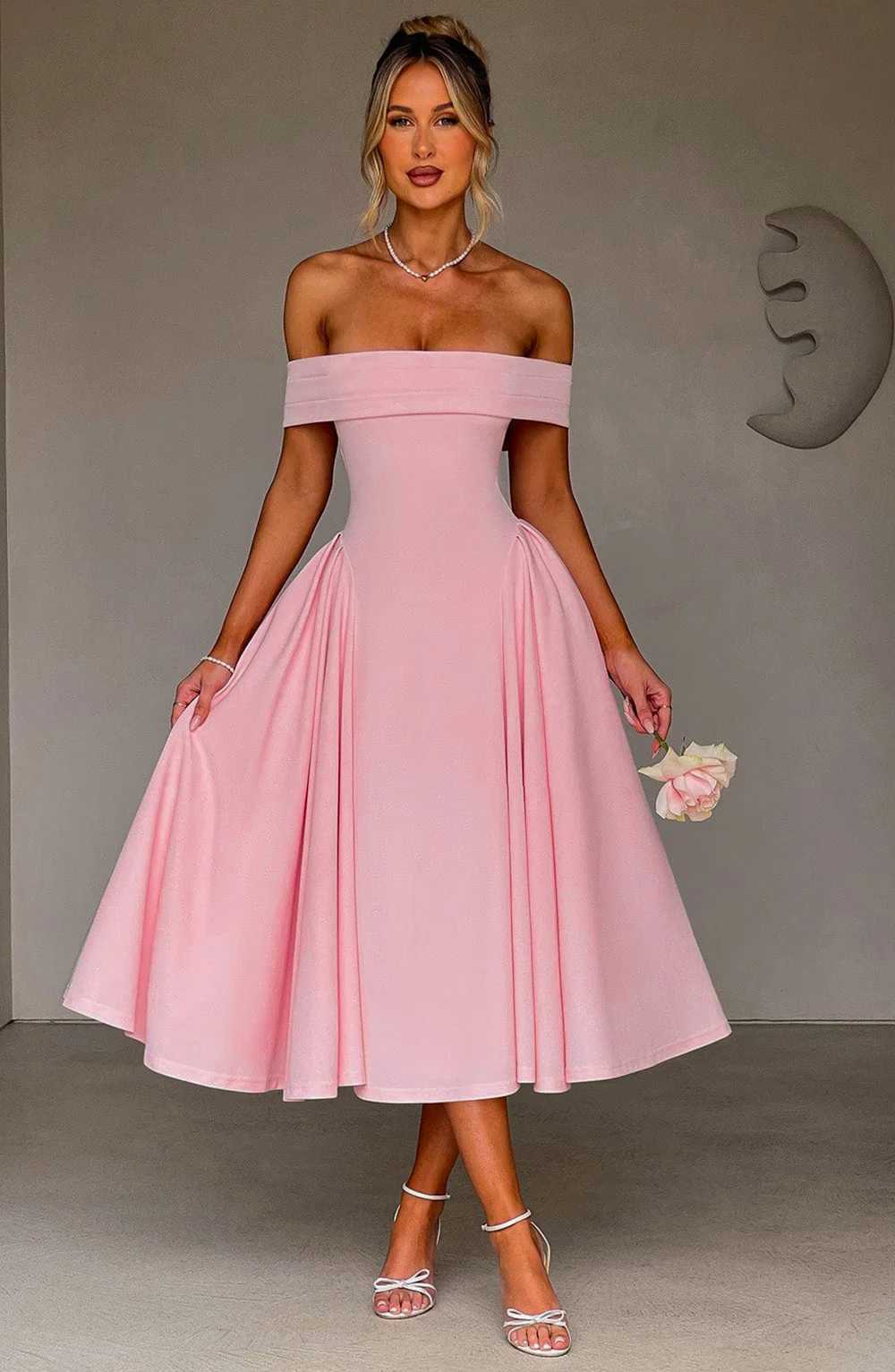 Womens Elegant Solid Color Strapless Backless Formal Dress Off Shoulder Design Long Dress Sexy A Line Formal Dress New In 2025XJ250514