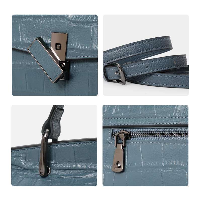 Aidrani Fashion Genuine Leather Women's Handbag With Crocodile Pattern Blue Cowhide Briefcase