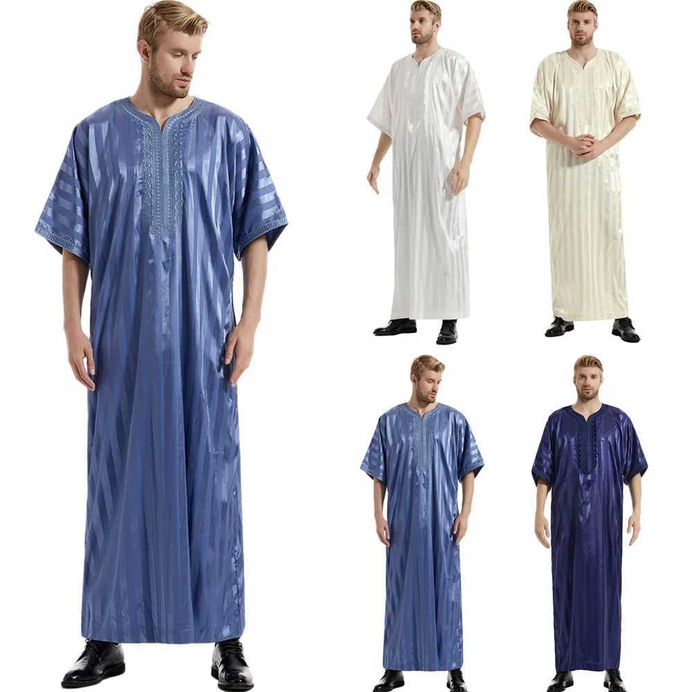 Satin Stripes Ramadan Muslim Dress Abayas Dubai Casual Kaftan Robe Islamic Short Sleeve Jubba Thobe for Mens Middle East Clothes X250514