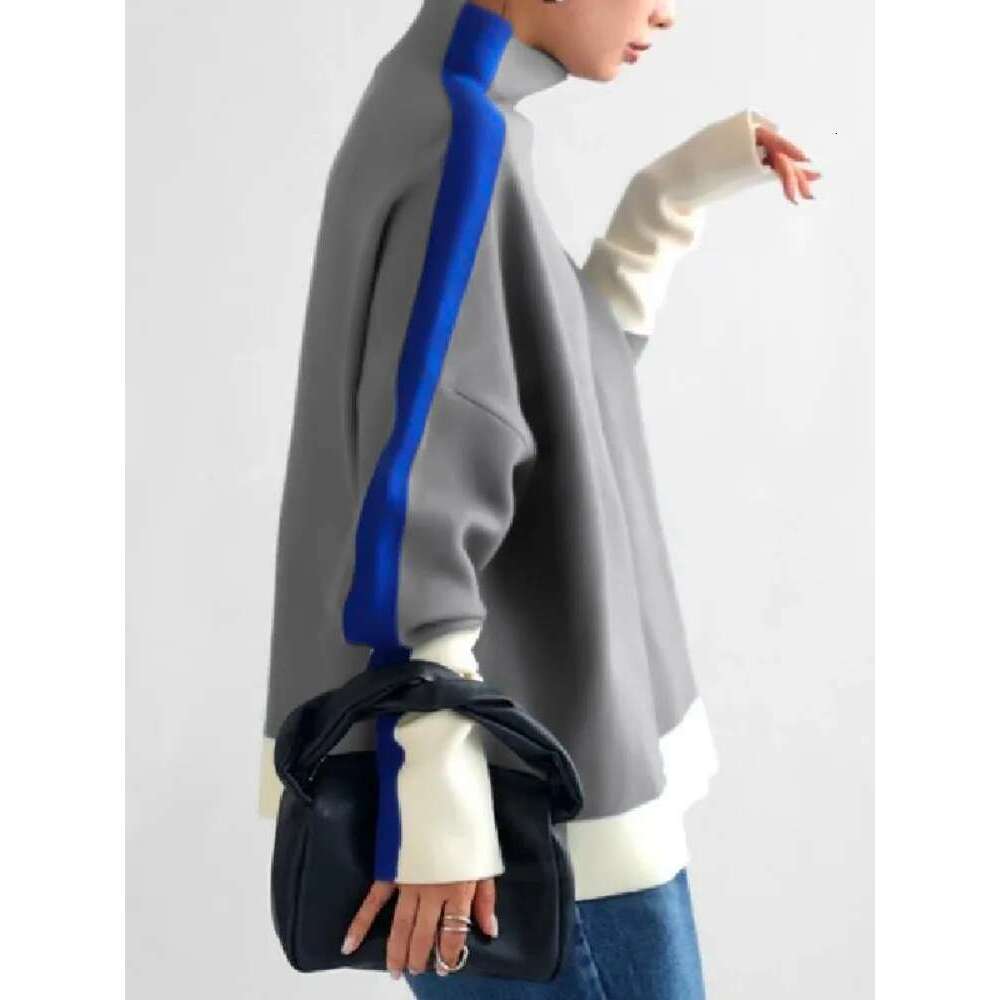 Freeacy Women's Pullover Sweatshirt High Neck Long Sleeve Contrast Color Loose Fit Shirt Top 2025 Spring Fashion Casual Tops Designer