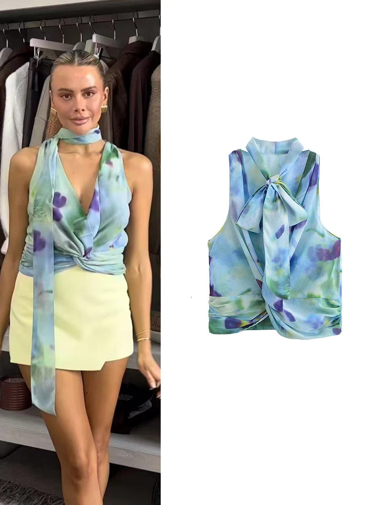 TFMLN Fashion Ladies Scarf Collar Bow Shirt Chic Vintage Printed Elegant Female Clothing Summer Commute Casual Blouse 250514