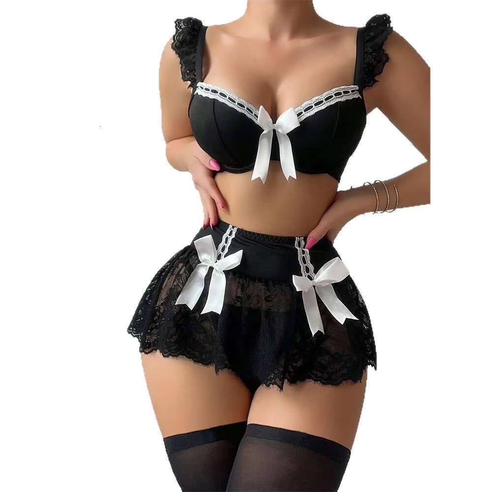 Bowknot Erotic Uniform Hot Sexy Seductive Lingerie Lace Maid Costume Set Female Temptation Underwear Mini Fishnet Teddy Pamas