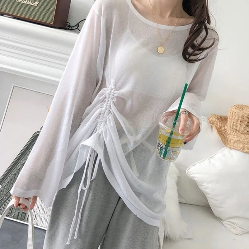 Rimocy Women Ice Silk Sunscreen T Shirts Summer Fashion Drawstring Loose Tops Woman Slightly Transparent Long Sleeve Tees Female 250514