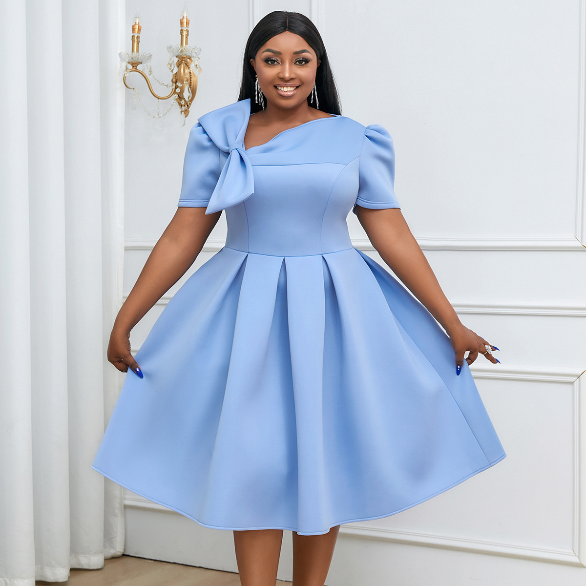 Cute Plus Size Dress Lady Prom Blue Birthday Bowtie Pleated Short Sleeve Puffy Midi Length AM030908