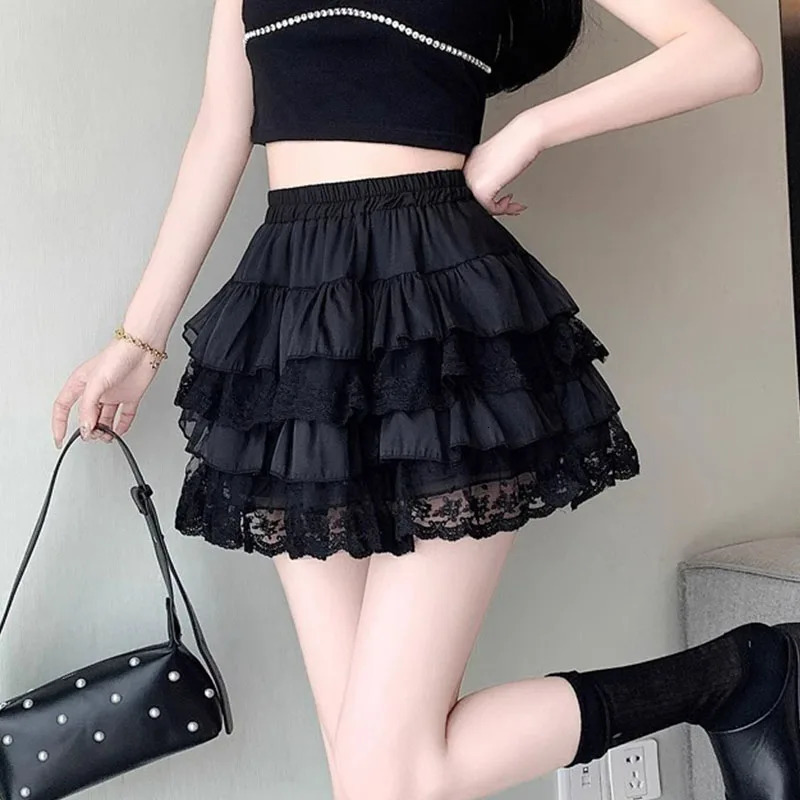 Elastic Gothic Lace Tutu Skirt Women Black Mesh Detail Petticoat Sexy Mini Tulle Skirts Party Club Wear Dancer 250514