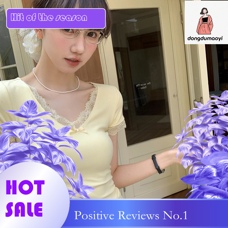 dongdumaoyi Lace patchwork sleeved T-shirt for women in summer 2025, new V-neck bow design, niche tight fitting short top