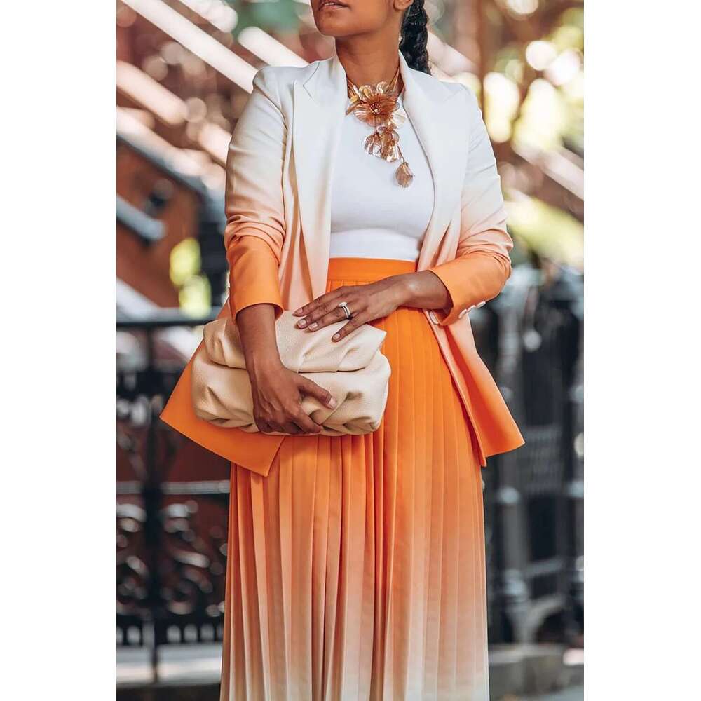 Plus Size Business Casual Orange Gradient Pleated Long Sleeve Blazer Suit Two Piece Skirt Set