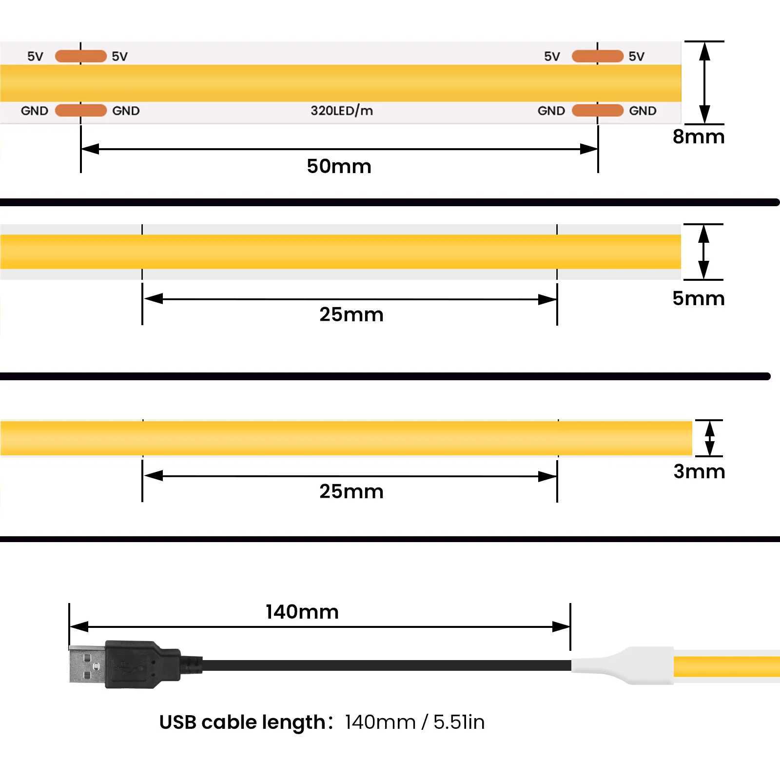 New Arrival DC 5V USB COB Strip 3MM 5MM 8MM White/Pink/Red/White/Yellow/Yellow/Ice Blue/Green Flexible Ribbon Rope Home Decor TV Backlight Z250514 - view 5