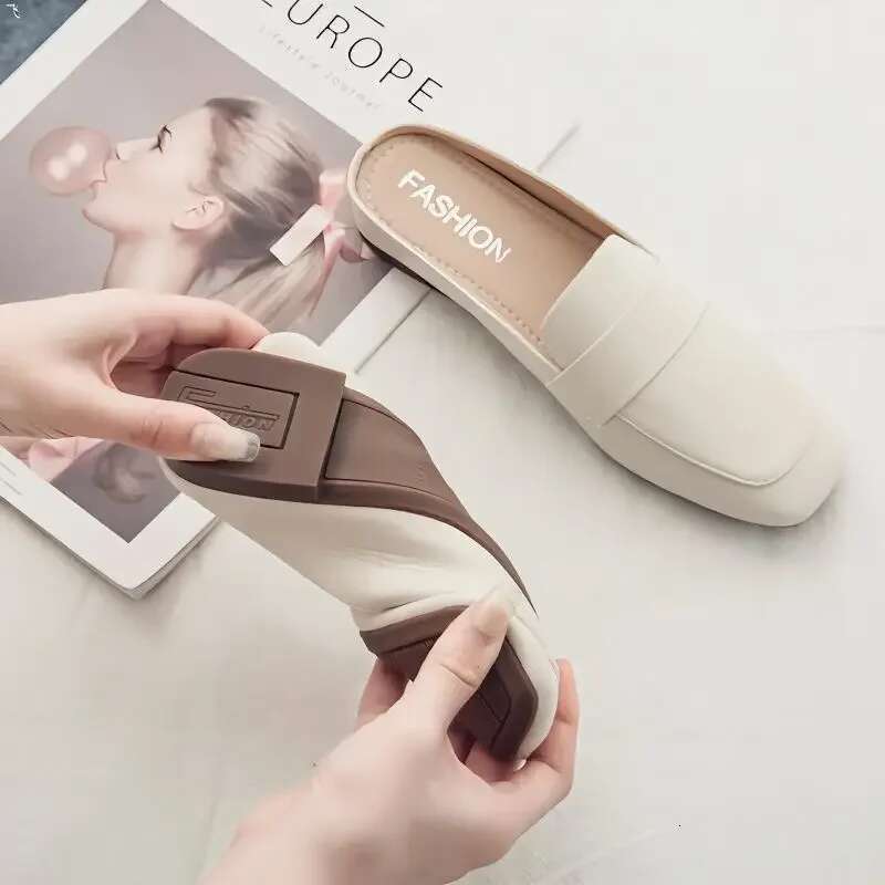 Baotou Half Slippers New Fashion Leather Slip-on Lazy Soft Sole Flat atos Mujer Women Shoes