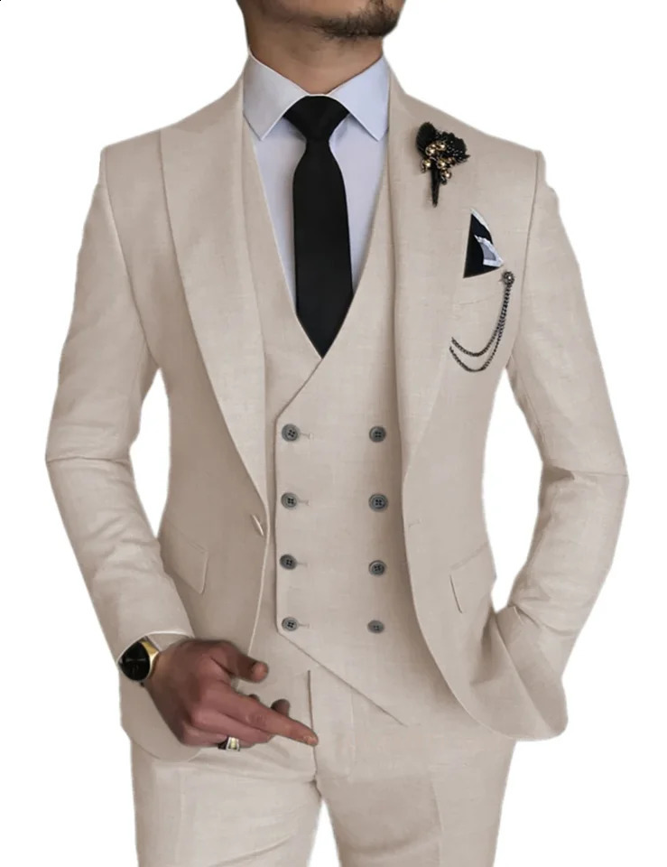 3 Pieces Light Gray Suits Men Suits Wedding Wear Business Male Groom Wedding Dress Jacket Vest Pants Set Blazers Coat 250513