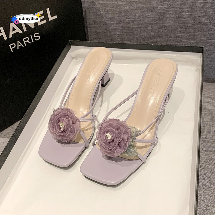 2025 Summer New Fairy Style Flower Coarse Heel Slippers for Women's Outerwear, Open toed One line Drag Fashion High Heels ddmythur