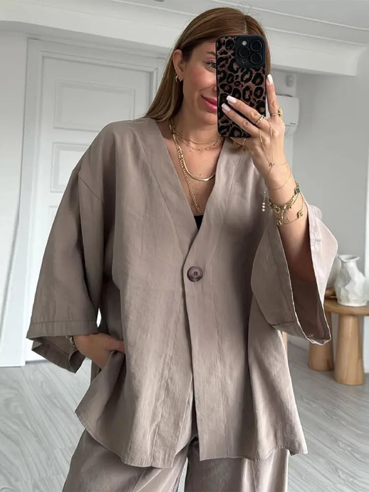Cotton Linen Pants Outfits Women Casual Loose V Neck One Button Half Sleeves Sets Female 2025 Spring Summer Solid Soft Set 250513