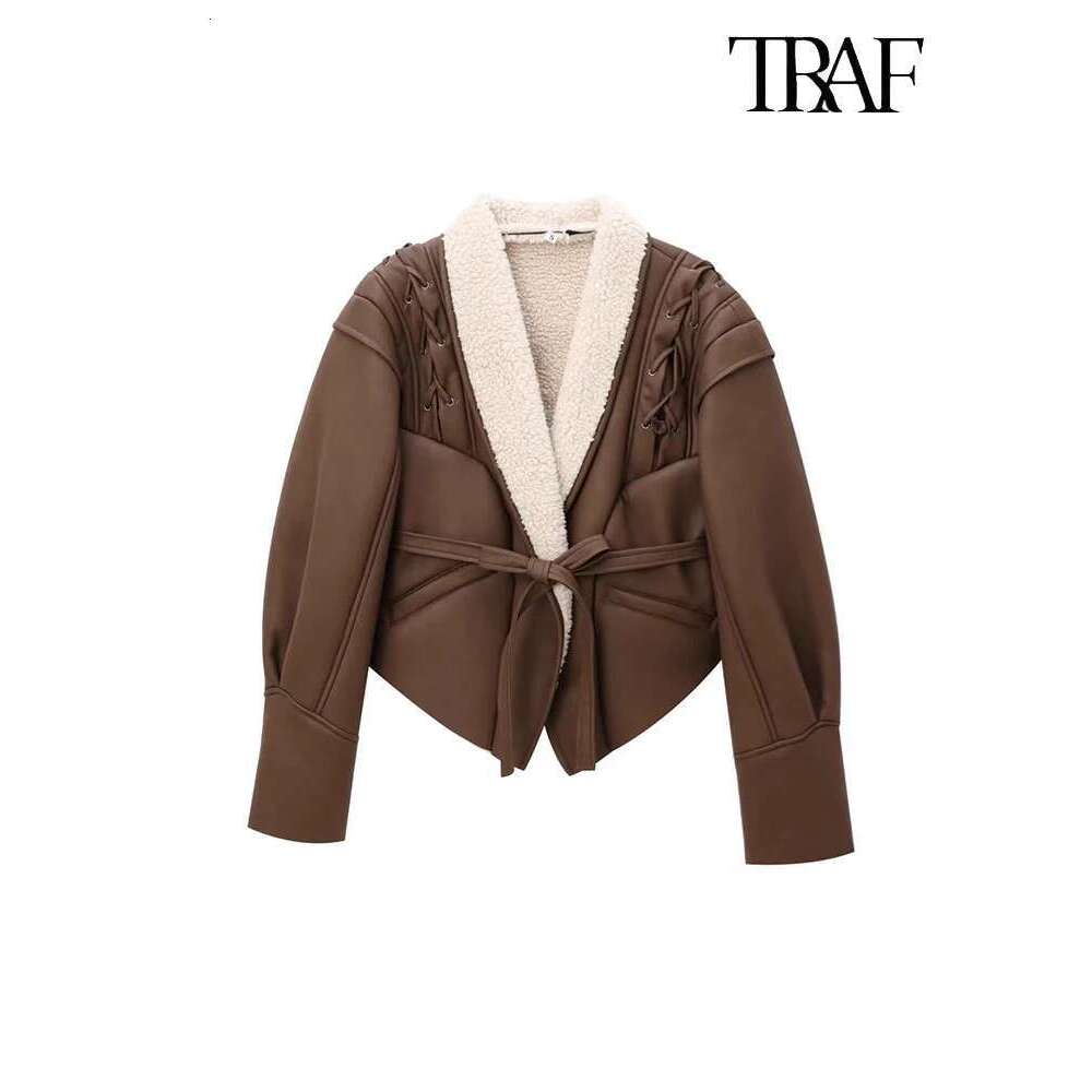 TRAF Women Fashion Autumn Elegant Plush Lapel Street Trend Lace-up Irregular Hem Casual Commuter Leather Jacket