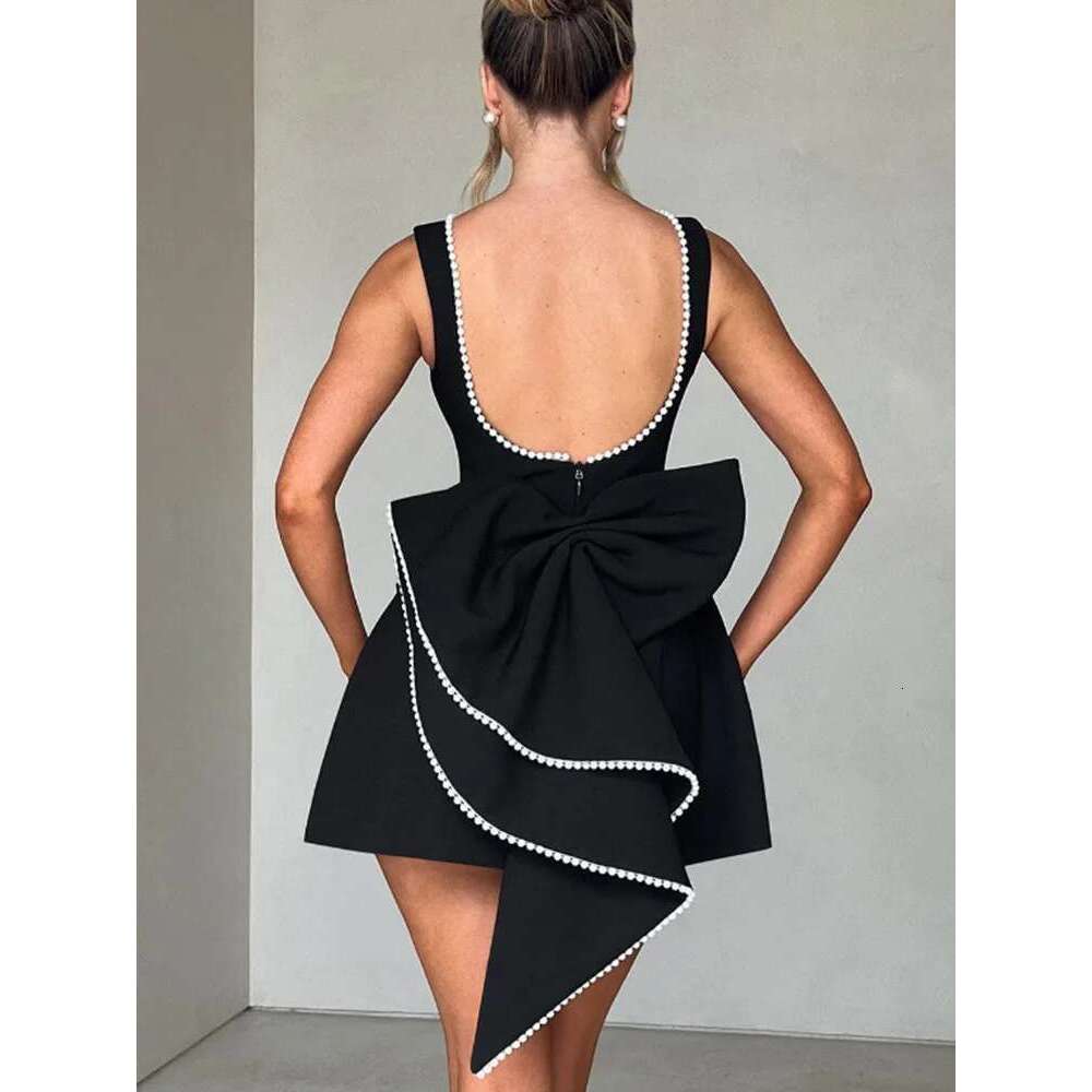 2025 New Spring Summer Dresses Chic Birthday Evening Y2K Elegant Pearl Solid Bow Backless Short Women Sleeveless Mini Dress