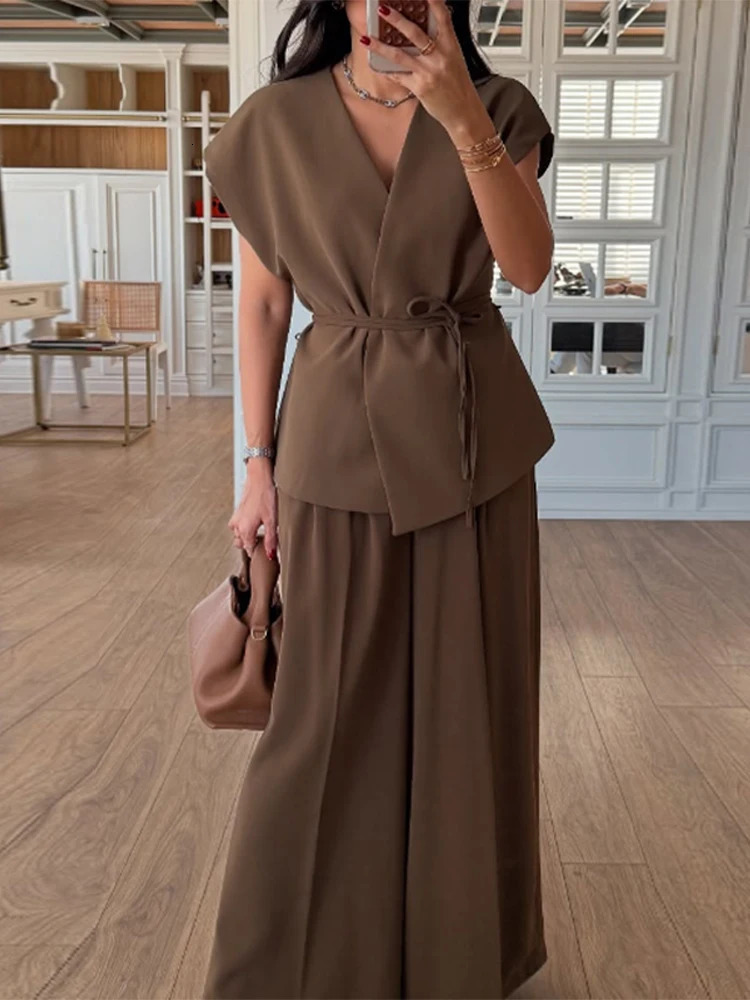 Loose Lace Up Shirts Pants Set Women Solid V-neck Short Sleeve Shirt Pleated Wide Leg Pant Spring Lady Suit Two Pieces Set 250513