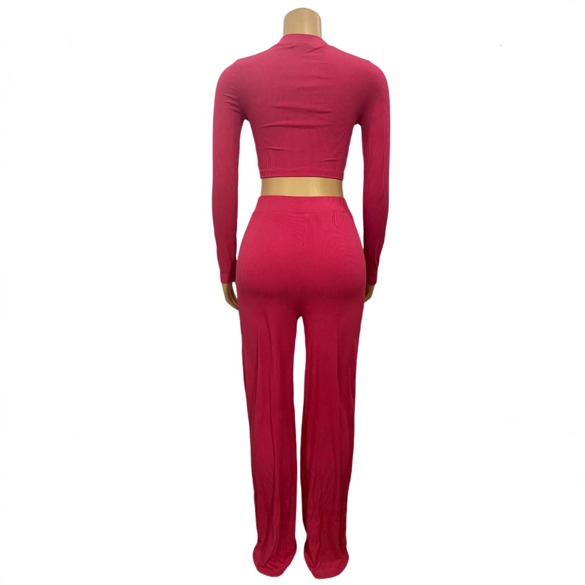 Womens new spliced chain round neck exposed waist long sleeved top straight leg pants set