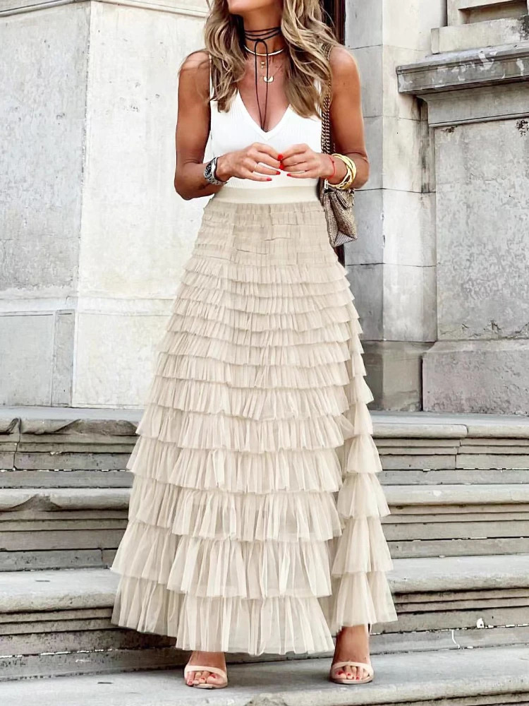 HOUZHOU Solid Multilayer Ruffle Mesh Skirt Women Boho High Waist Long Maxi Tulle Spring Summer Party Womens Clothing 250514