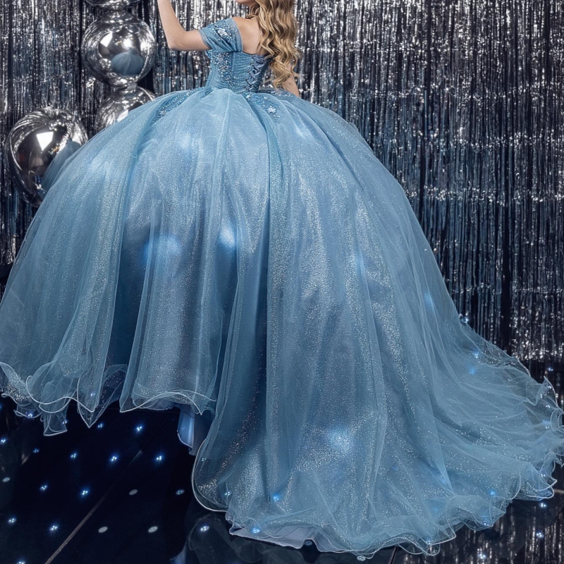 Blue Shiny Quinceanera Dresses Off Shoulder Ball Gown Sweet 16 Dress Beading Crystal Flower Tull Birthday Party Vestidos 15 De Anos