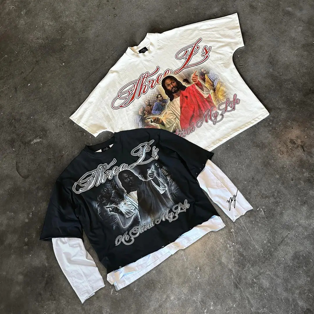 Y2k retro hiphop pattern printed men oversized Tshirt street short sleeved casual punk couple top harajuku y2k 250514