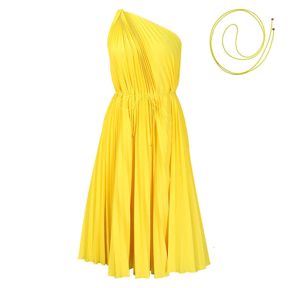 Women's Wear Women's 2023 Summer New Pressed Pleated Oblique Shoulder Large Swing Strap Solid Color Dress