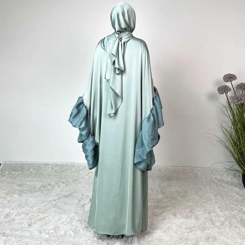 2025 Eid Muslim Abaya Dubai Elegant Ruffle Slve Evening Dresses Arab Satin Robe Moroccan Maxi Islamic Turkey Clothes Kaftan Ramadan X2505141