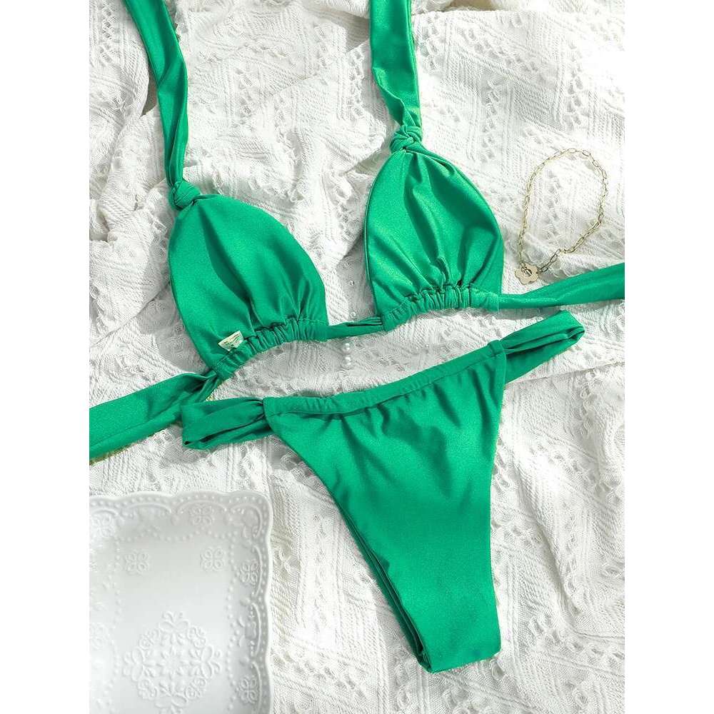 Pleated Bikinis Push Up Swimsuit Sexy Swimwear Women Bandage Beachwear Solid Color Bathing Suits Bikini Summer Swimsuits