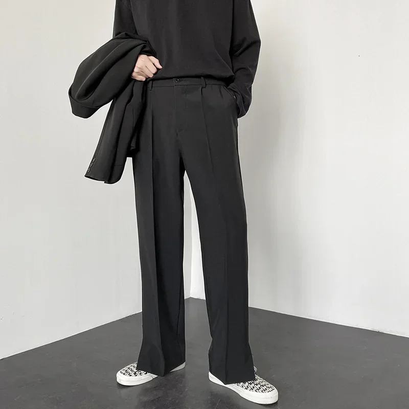 Mens Straight Baggy Casual Pants Korean Slit Personality Suit Trousers Fashion Formal Business Male Streetwear Gray Khaki Black 250513