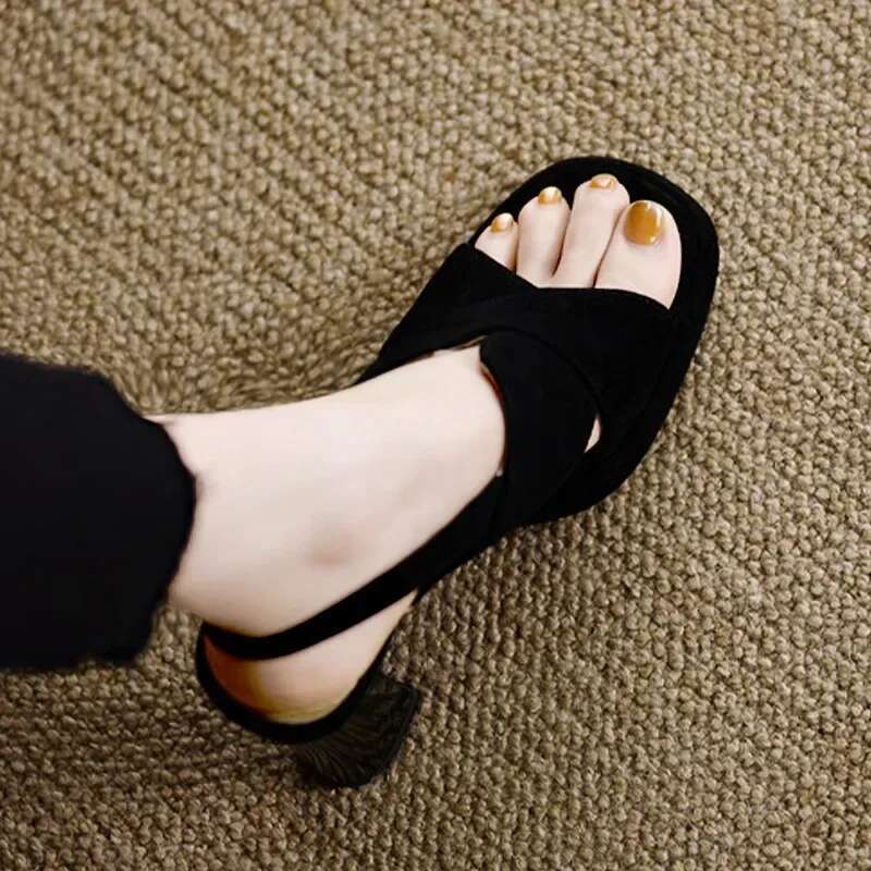 Heels Women Sandals Square Toe Thick Heeled Pumps Elegant Back Strap Black Leather Shoes 39 40 Sizes Outside