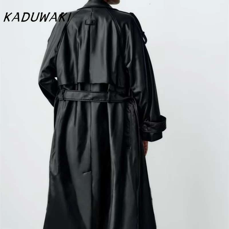 KADUWAKI Spring New European/American Style Commuting Lapel Trench With Belt Faux Leather Loose Long Windbreaker Jackets Female
