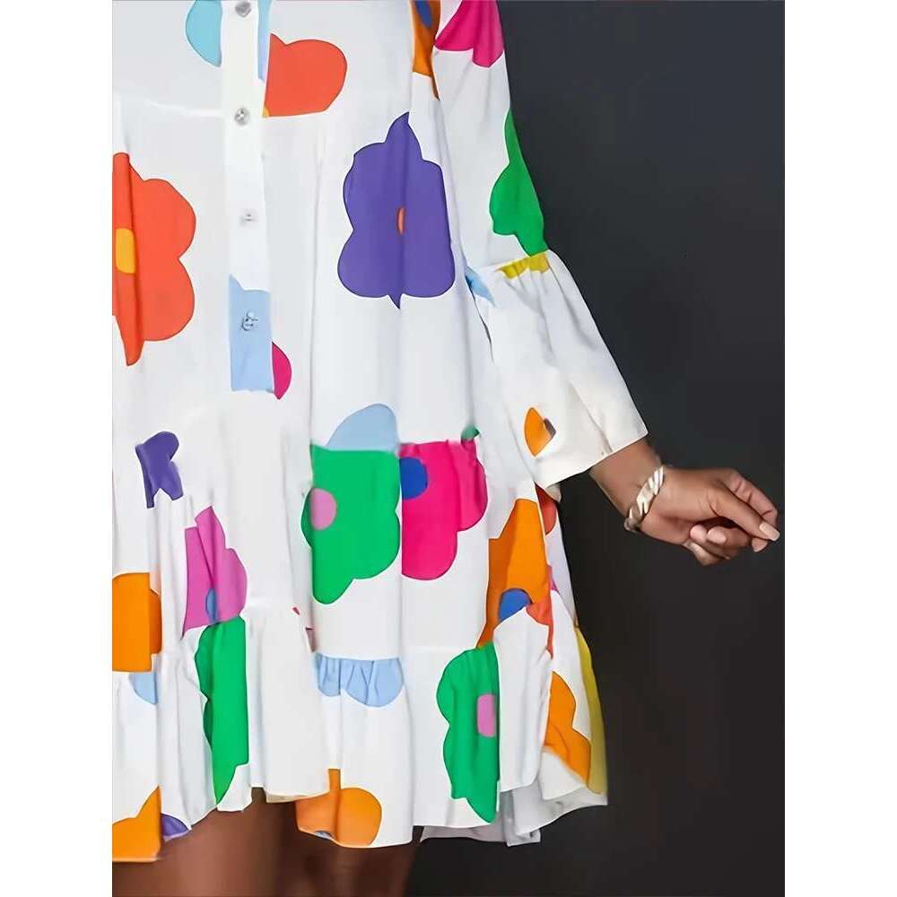 Plus Size Autumn New Floral Printed Women's Casual Loose Button Fashion Streetwear Polyester V-Neck Pleated Dresses
