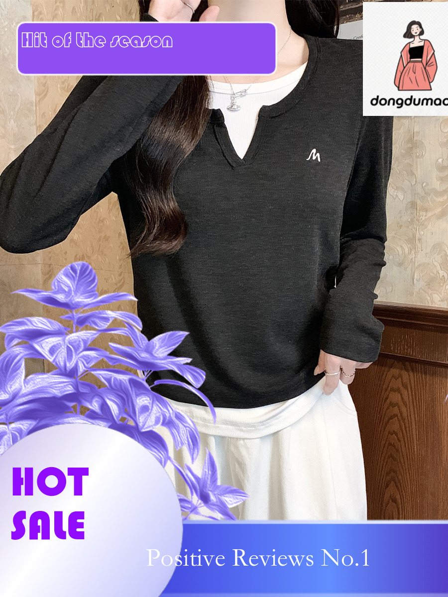 dongdumaoyi V-neck long sleeved fake two-piece spliced women's top 2025 spring new slim fit and slimming T-shirt short style with inner layer as 