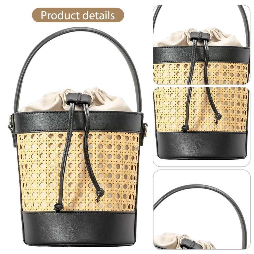 Straw Beach PU Leather Bucket Summer Hollow Shoulder Bag Holiday Travel Handbag for Women