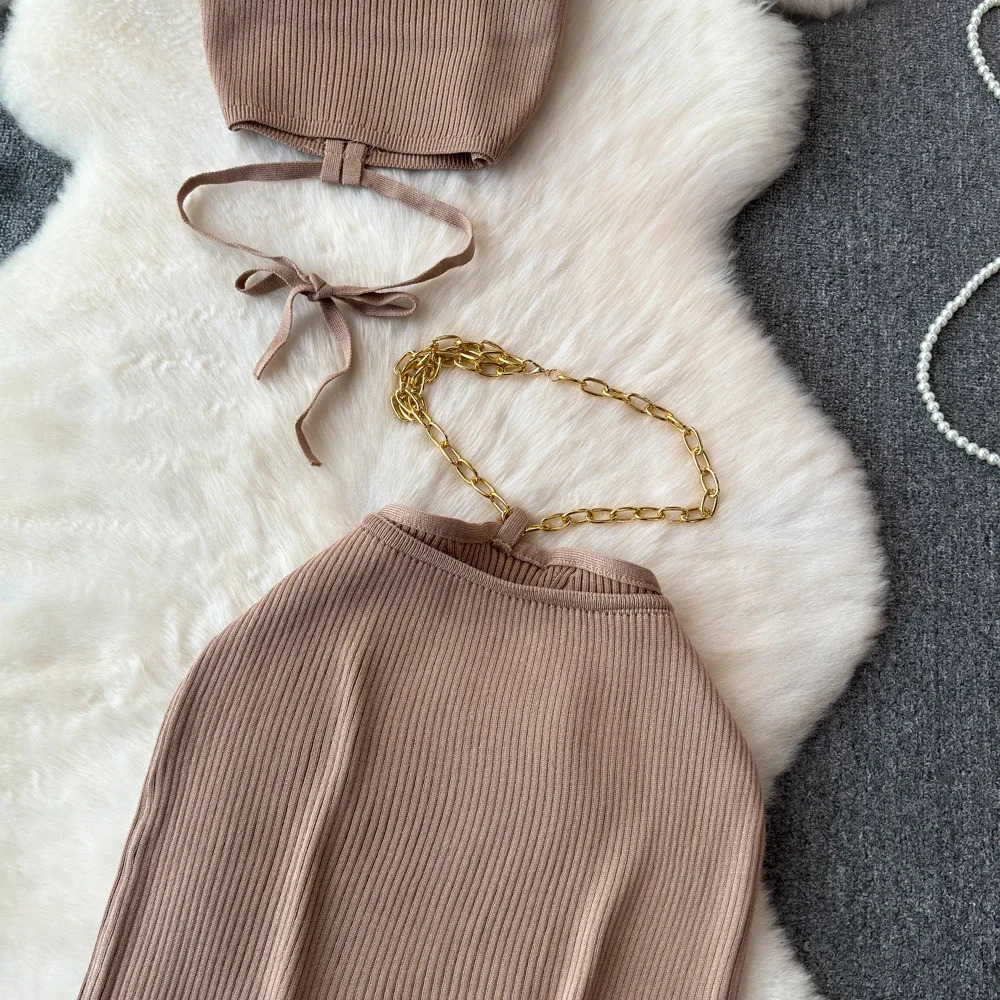 Summer KnittedTwo Piece Dresses Sets Women Skirt Suit Sexy Slim Crop Tops Long Split Dress Halter Camis With 250514
