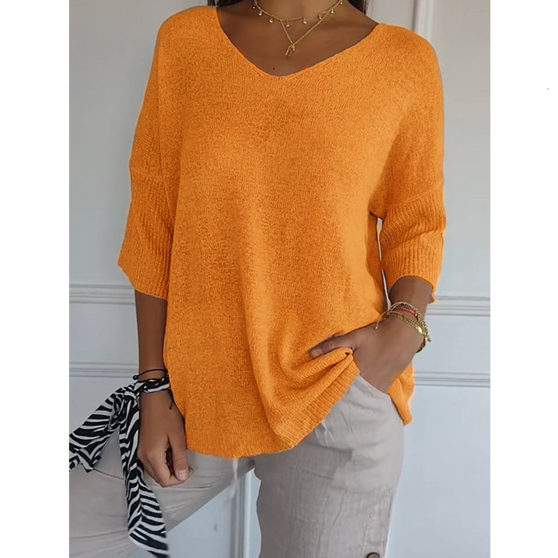 Knitted sweater casual sweater basic style slimming V-neck seven quarter sleeve solid color knitted sweater womens base shirt 250514