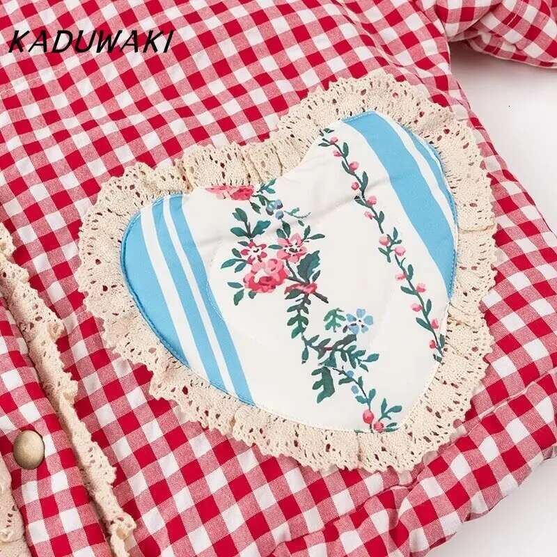 KADUWAKI Korean Lovely Loose Heart Patterned Parkas Spring Long Sleeve Quilted Cotton Padded Jacket Coats Female Cute Outerwear