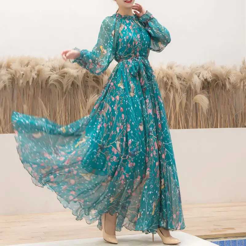 2023 Boho Floral Print Party Dress Women Vestidos Elegant Fashion Loose Chiffon Long Slve Muslim Abaya Islamic Clothing Robe X2505141