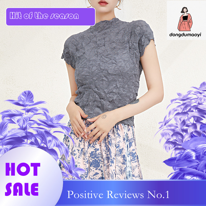 dongdumaoyi French handmade short sleeved T-shirt for summer 2025, new Miyake shirt, women's high-end pleated top, base shirt